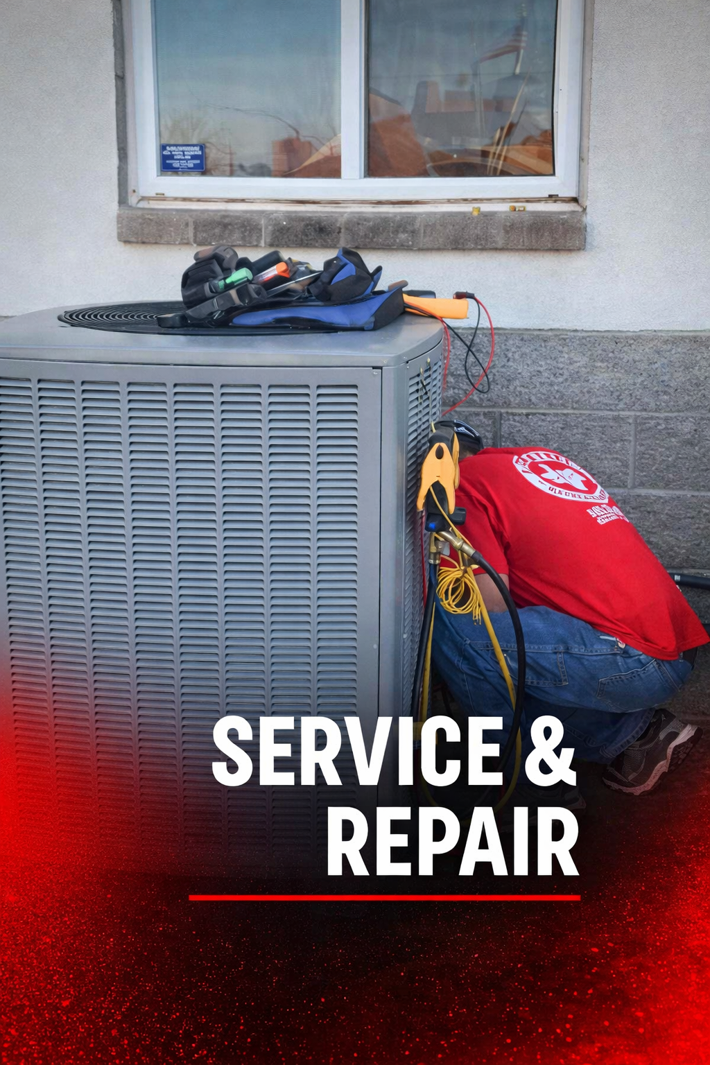 Word image overlay showing tech working on outdoor unit