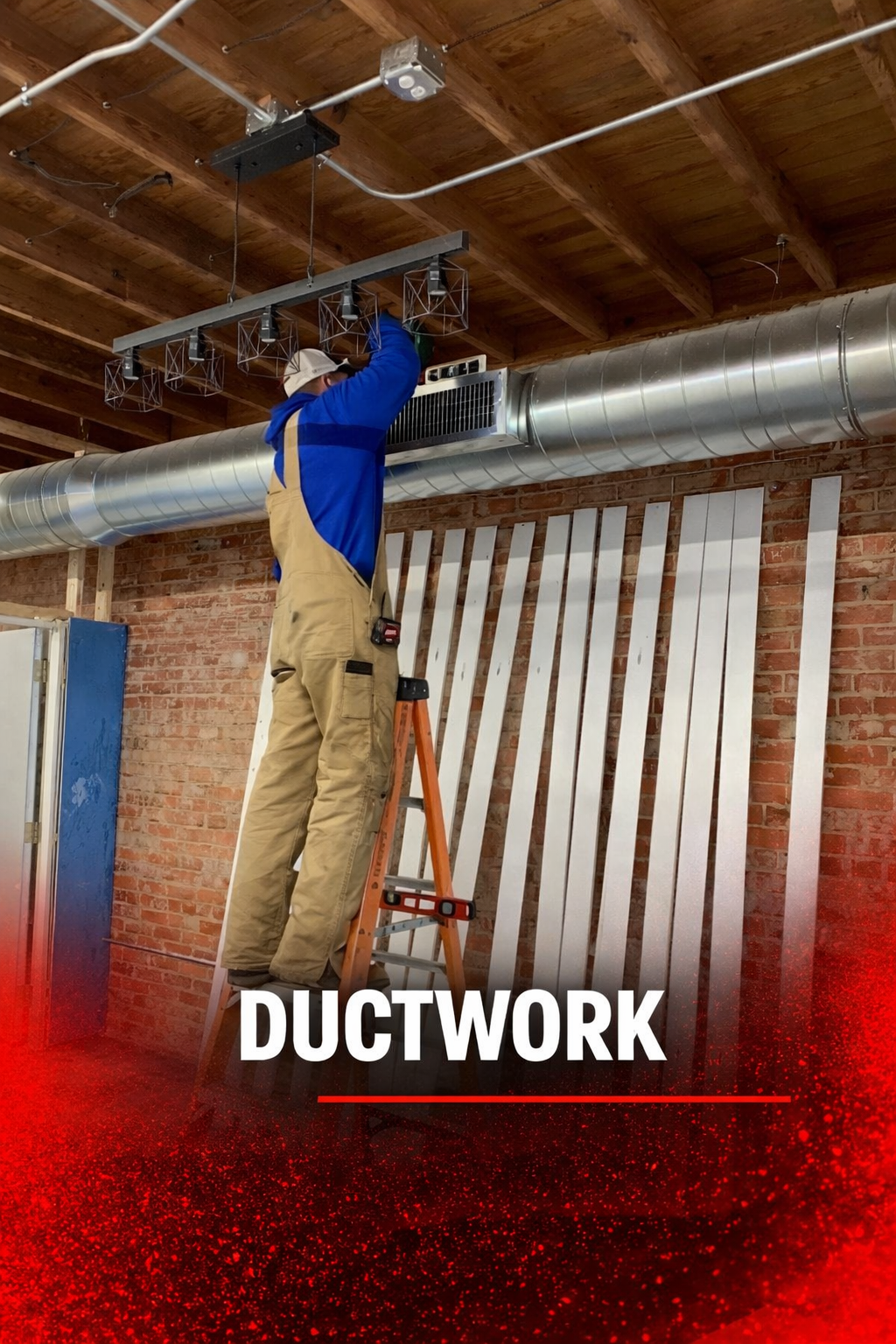 Tech on ladder working on metal ductwork