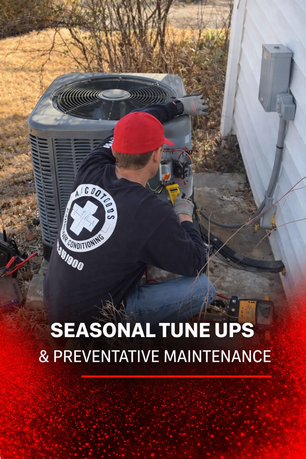 Tech performing Preventative Maintenance on outdoor unit